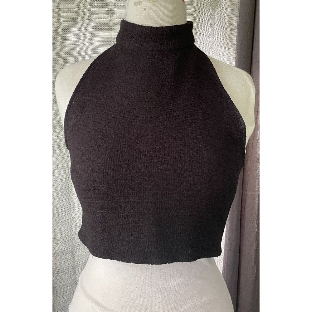 Zara Solid Black Tweed Mock Neck Sleeveless Crop Top Size Small- Neck & Side Zip
